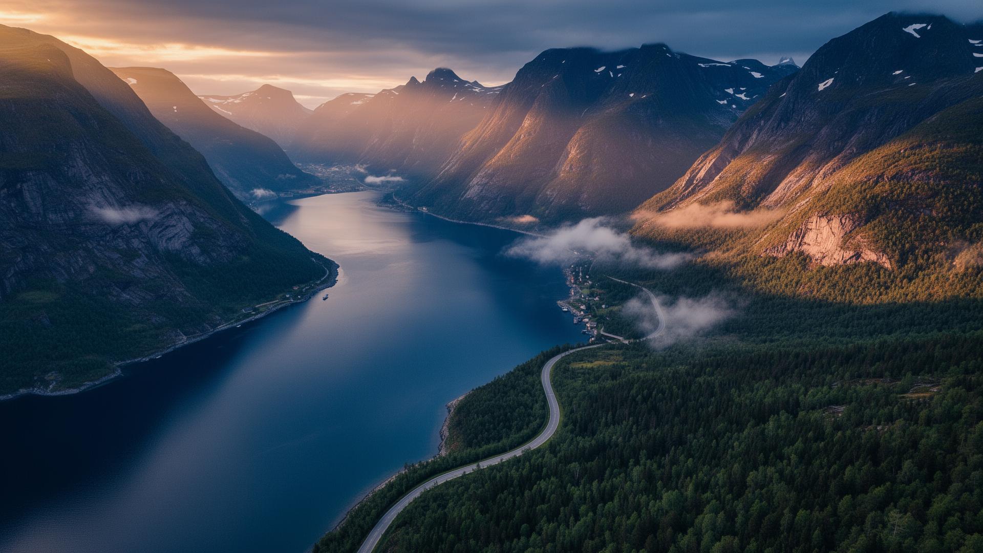 Norsk fjord med slynget vei i gylden time